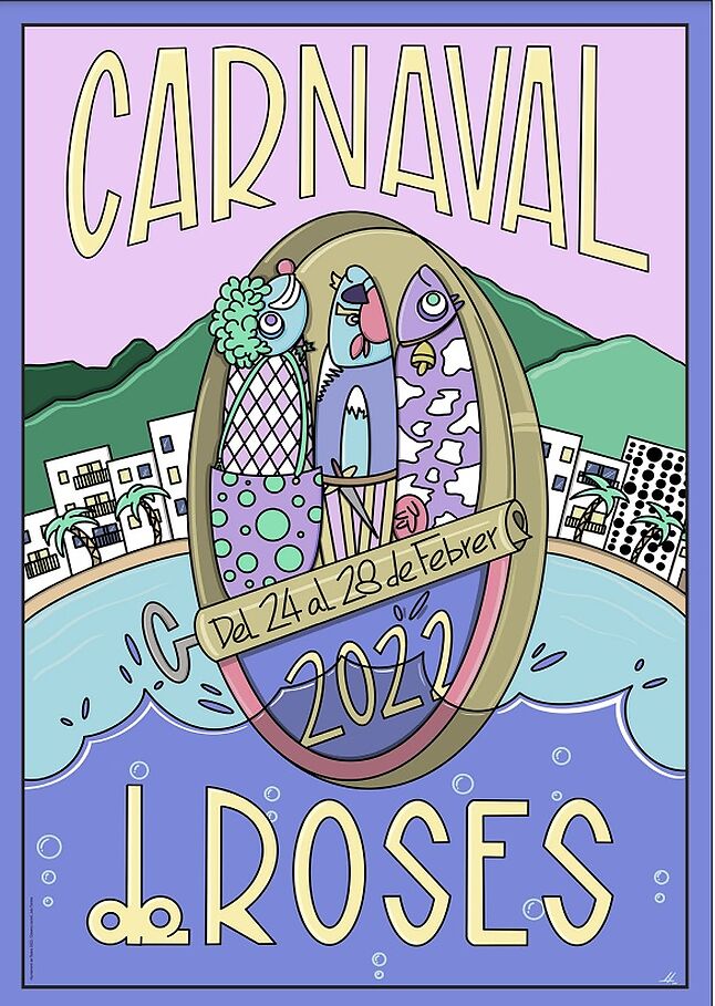 Disguised sardines about to come out of their can illustrate the Roses Carnival Poster